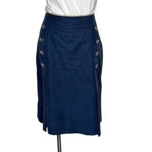KAREN MILLEN ENGLAND Straight Skirt Nautical Navy Blue Size 8 Silver Buttons